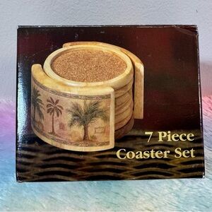 7 Piece vintage Palm Tree Coaster Set - Natural Wood & Cork